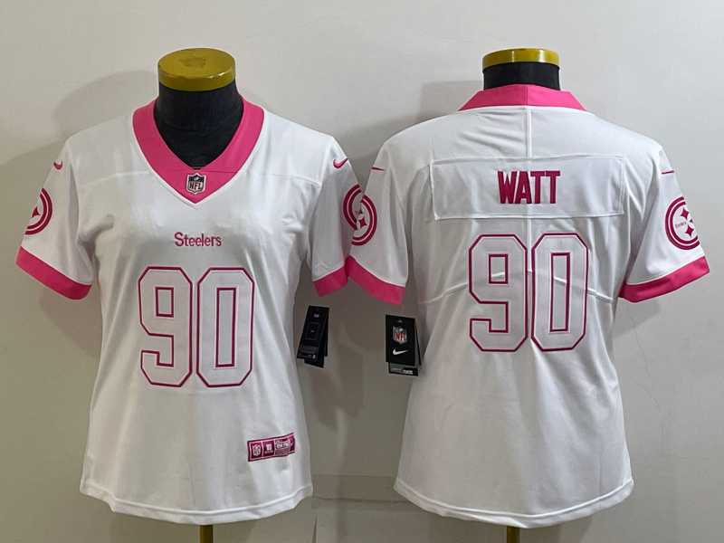 Womens Pittsburgh Steelers #90 TJ Watt White Pink Vapor Untouchaable Limited Stitched Jersey